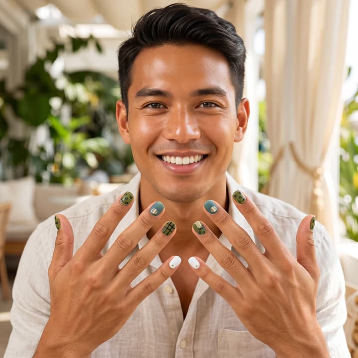 Hands held up showing green checkered and abstract press-on nails