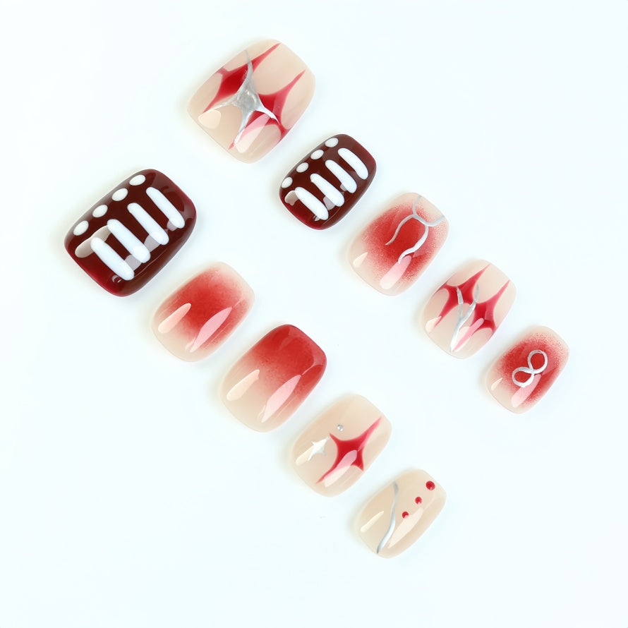 Crimson Impact: Red & Silver Graphic Press-On Nails for Men