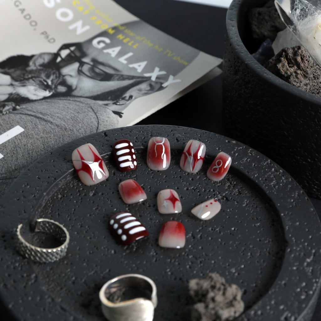 Crimson Impact: Red & Silver Graphic Press-On Nails for Men
