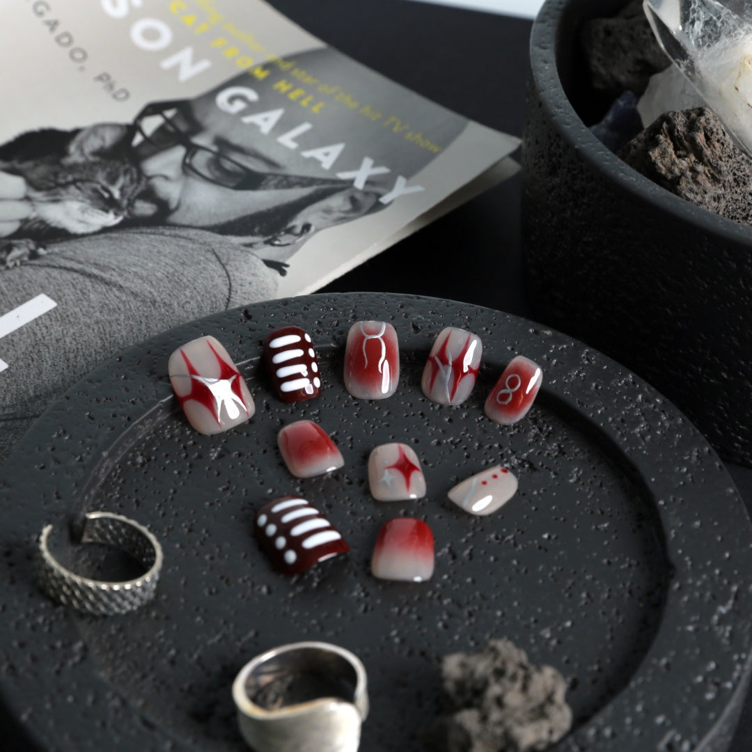Crimson Impact: Red & Silver Graphic Press-On Nails for Men